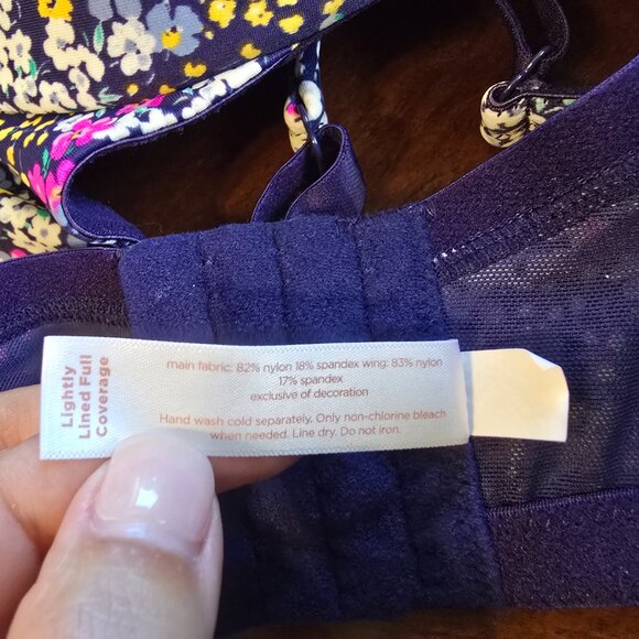 Cacique 44DD Lightly Lined Full Coverage Bra Underwire Navy Pink Yellow Flower - Picture 11 of 12